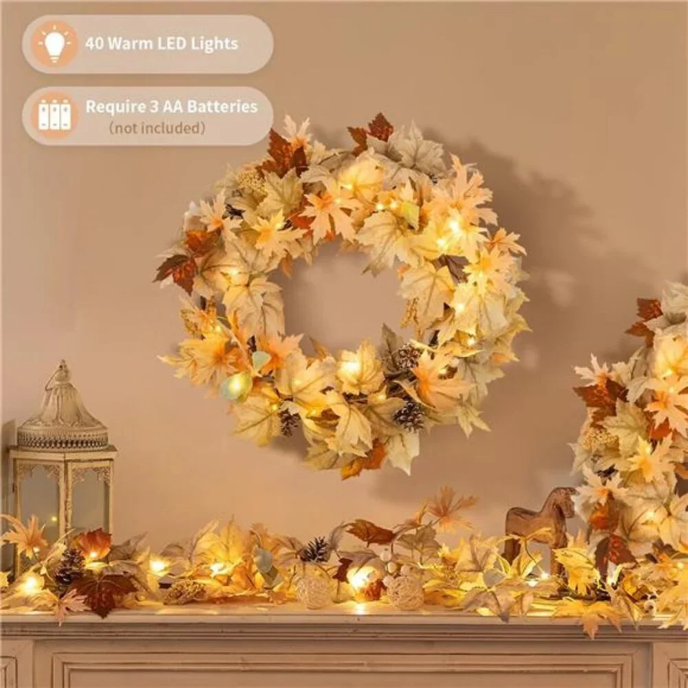 Fall Leaves Garland with Lights: 6Ft Autumn Maple Leaf Garlands